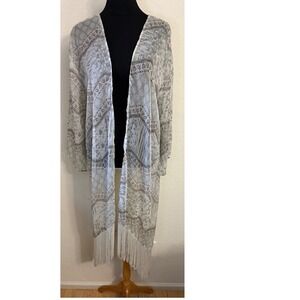ASTR the Label Womens Geometric Print Lace Back Fringe Kimono  Small